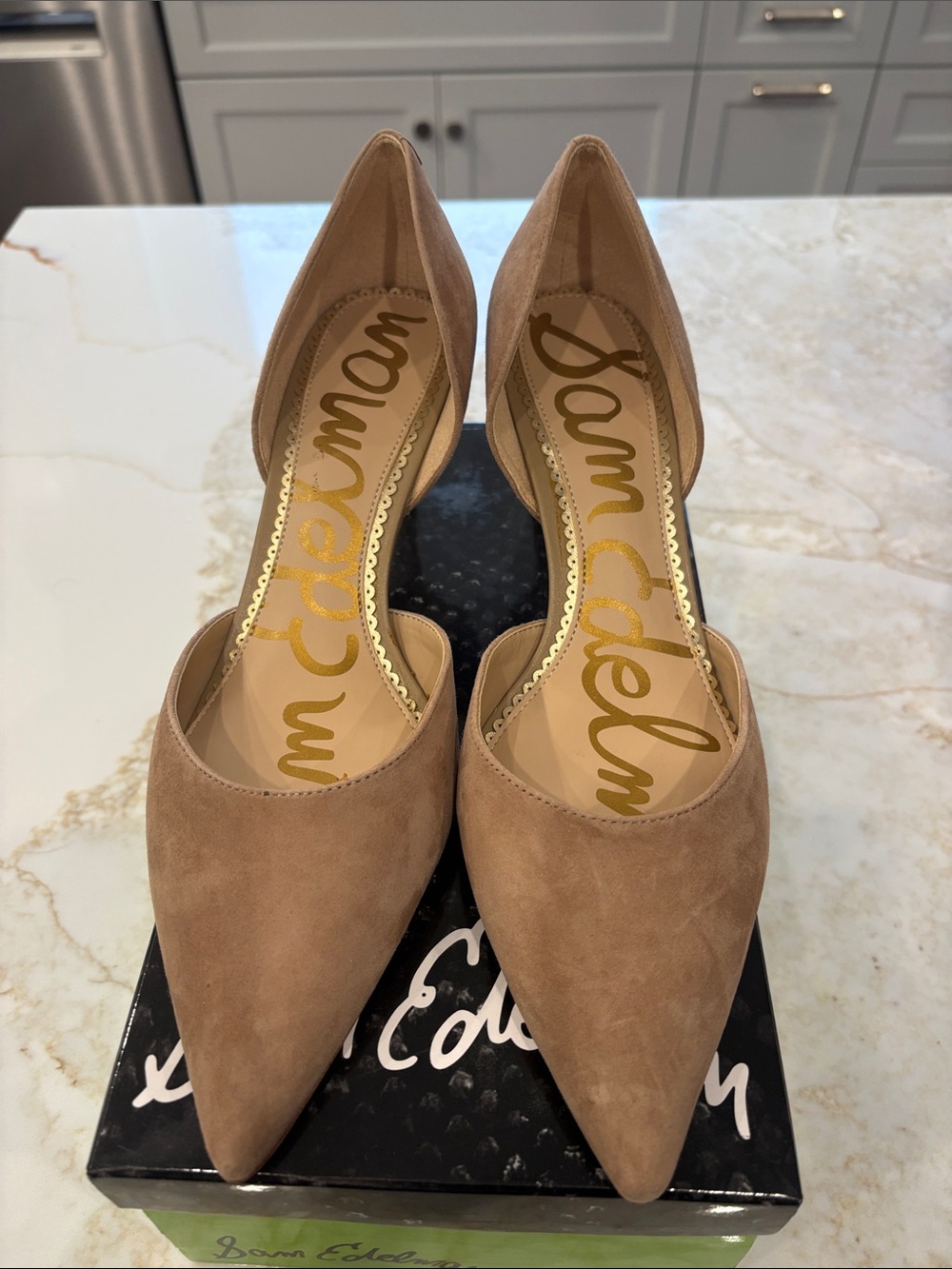 Sam Edelman Suede Pointed D'Orsay Pumps — Taupe/Oatmeal 3 inch heel